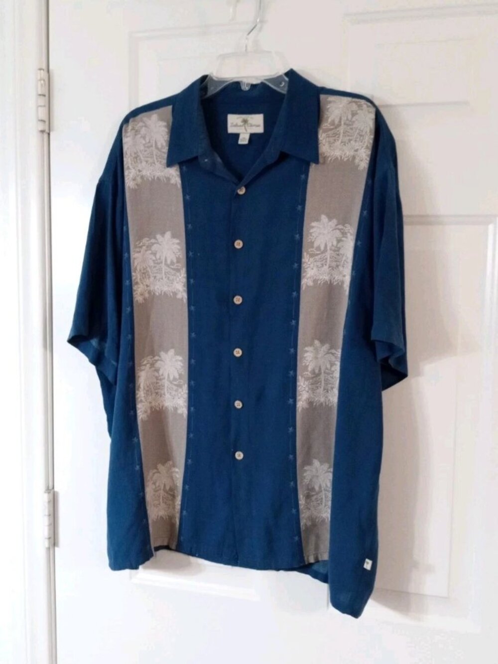 Island Shores Men's XXL Blue And Gray Tropical Palm Trees Rayon Aloha Shirt